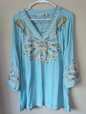 Soft Surroundings Turquoise Embroidered V-Neck Tunic Top